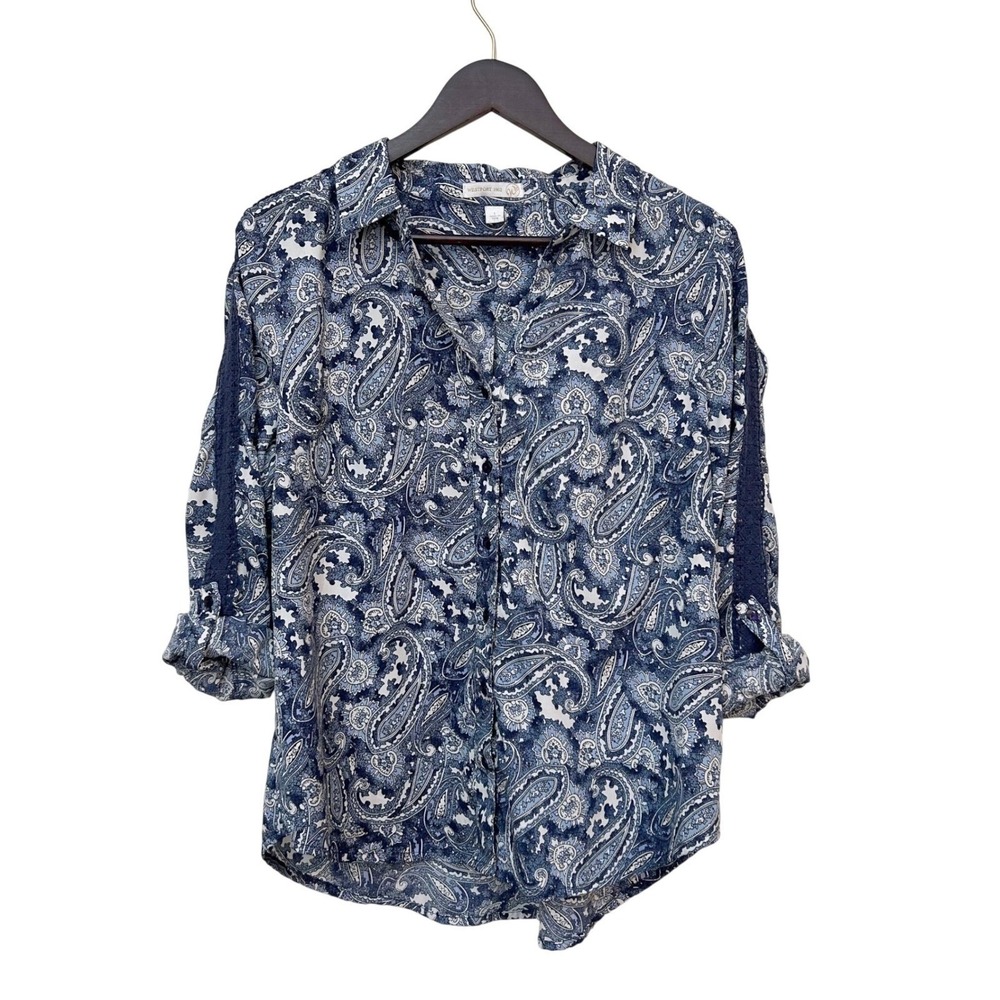 Westport 1962 Blouse Womens Large Blue Paisley Button Front Lace Trim Boho Chic